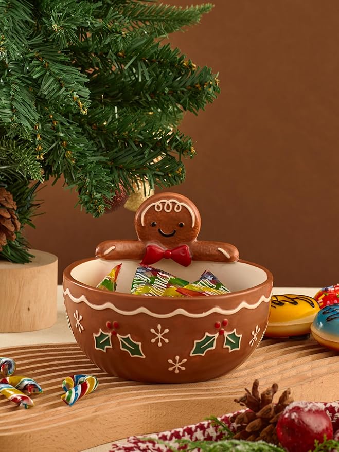 Bico Traditional Gingerbread Man Ceramic Candy Bowl, 17oz – Hand-Painted Holiday Treat Bowl, Christmas Decorative Dish for Candy, Jam, or Sauce – Microwave & Dishwasher Safe