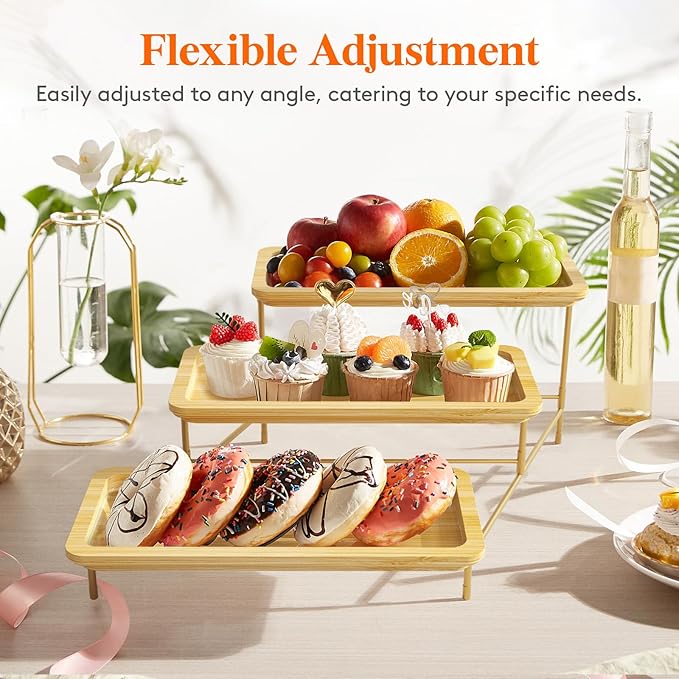 Lifewit 3 Tier Bamboo Serving Tray for Party Supplies, 12" x 6.5" Platters for Serving Food, Reusable Trays with Gold Metal Display Stand for Veggie, Fruit, Cookies, Dessert
