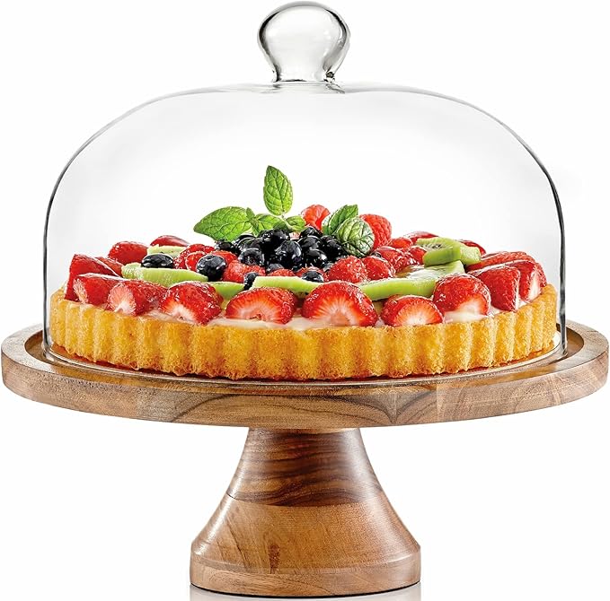 Royalty Art 4-in-1 Cake Stand with Dome, Cheese Board, Covered Platter, and Serving Tray for Pastries, Pies, Appetizers, and Holiday Treats, Decorative Kitchen Server and Display