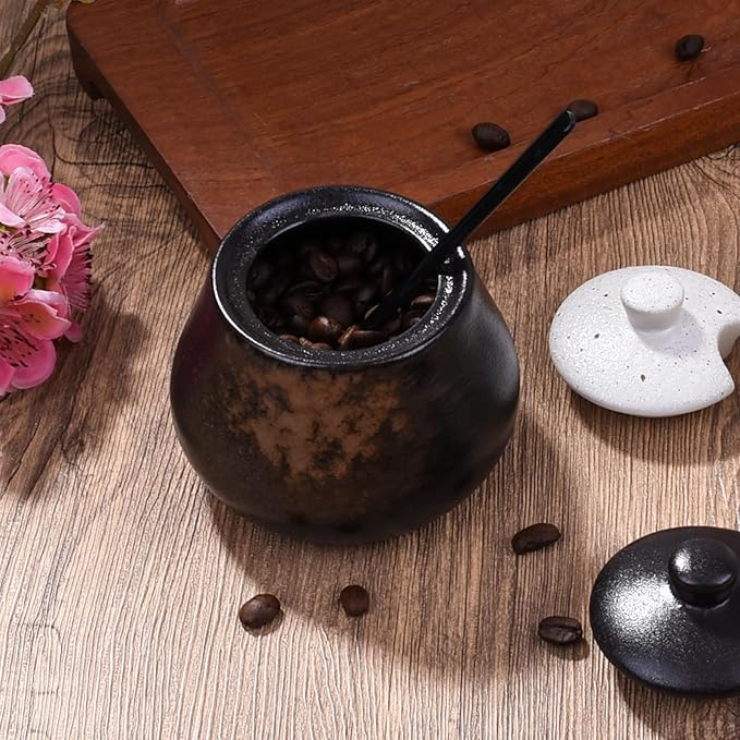 Sugar Bowl with Lid and Spoons Porcelain Sugar Salt Containers for Spice Seasoning (Black)