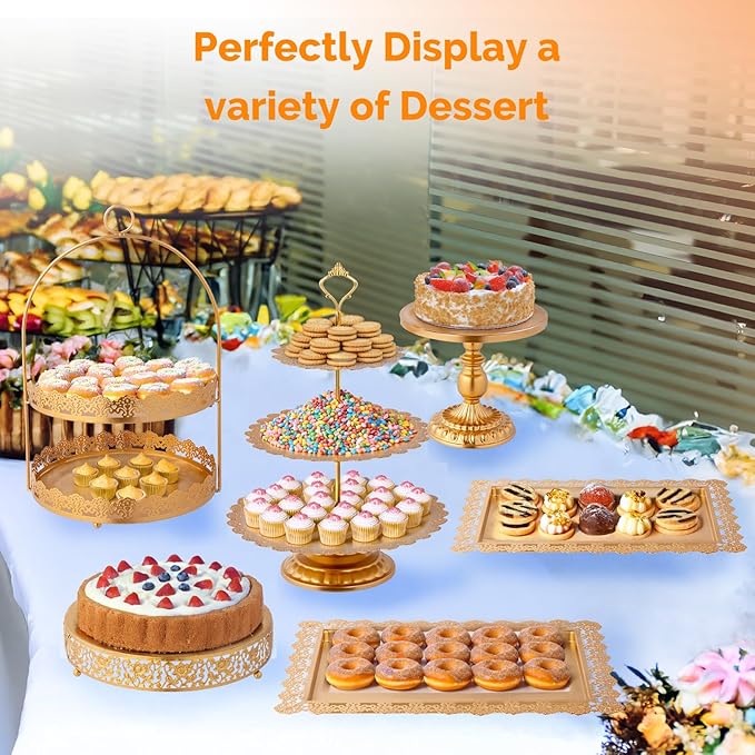 ROVSUN 10PCS Gold Dessert Table Display Set, Metal Cake Stand Set, Round Pedestal Tiered Cupcake Holder Fruit Candy Plate Serving Tower Tray Platter for Birthday Party Wedding Baby Shower Anniversary