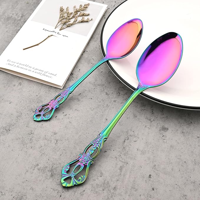 8-Piece Luxury Royal Silverware Set, 18/10 Stainless Steel Rainbow Flatware Set Service for 2, Tableware Cutlery Set Include Forks Spoons Knives, Modern Design & Mirror Polished Dishwasher Safe