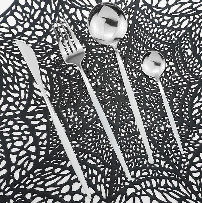 Silverware Set, 24-Piece Stainless Steel Shiny Flatware, Tableware Cutlery for Home and Restaurant, Dishwasher Safe, White Handle Silver