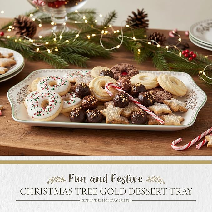Spode Christmas Tree Gold Dessert Tray - 12" Fine Porcelain Festive Serving Platter with Red Ribbons, Holiday Collectible Dish for Entertaining & Desserts - Winter Holiday Serveware Gift