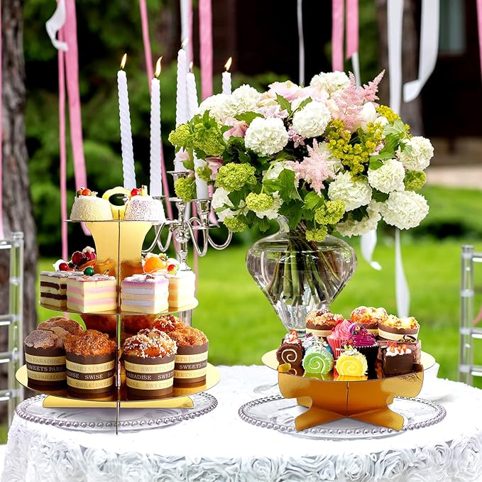Zopeal 7 Pcs Dessert Table Display Set 3-Tier Cupcake Stand 1-Tier Cup Cake Display Tower Platters and Serving Trays Cardboard Cake Cookie Holders for Wedding Birthday Party Baby Shower(Gold)