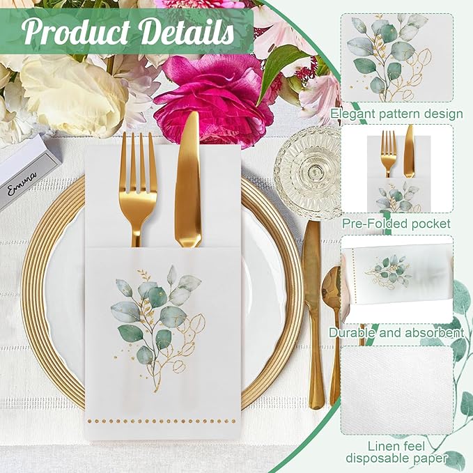 Disposable Linen-Feel Dinner Napkins with Built-in Flatware Pocket, 50 Pack Prefolded Paper Napkins for Silverware Elegant Guest Hand Towels for Wedding Birthday Valentine Party