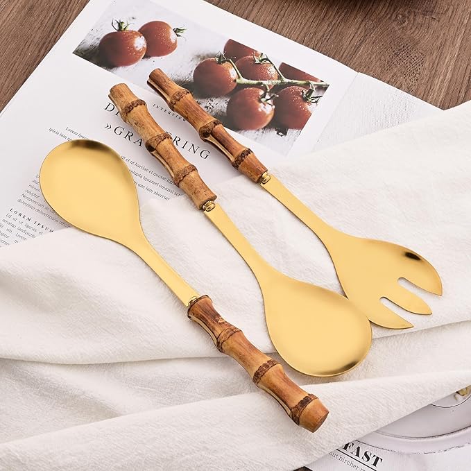 Stainless Steel Flatware Set, Bamboo Handle Silverware Set, Reusable Eating Utensils for Home Kitchen and Restaurant, Modern Gold Cutlery Set, 4 Pieces Serving Utensil