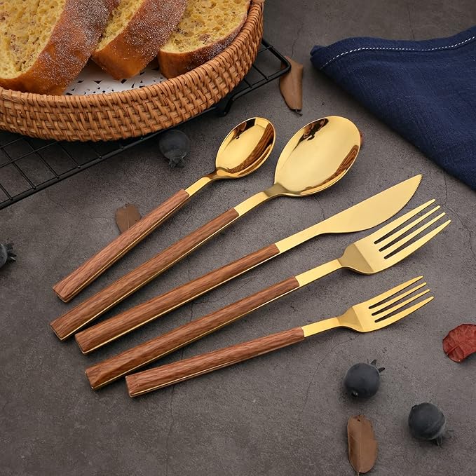 Korean Style Wood Flatware Stainless Steel Fork/Spoon/Knife/Teaspoon with Wooden Square Handle Cutlery Set of 4 Dinnerware for Home, Kitchen, Restaurant, Gift - Gold