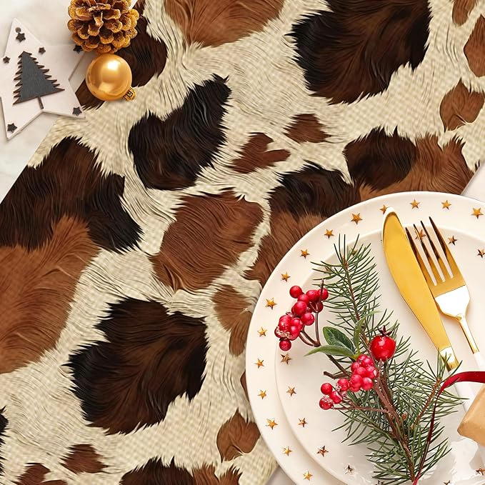 Cow Pattern Brown Table Runner Farmhouse Kitchen Dining Linen Table Decoration for Indoor Outdoor Home Party Decor 13 x 72 Inch