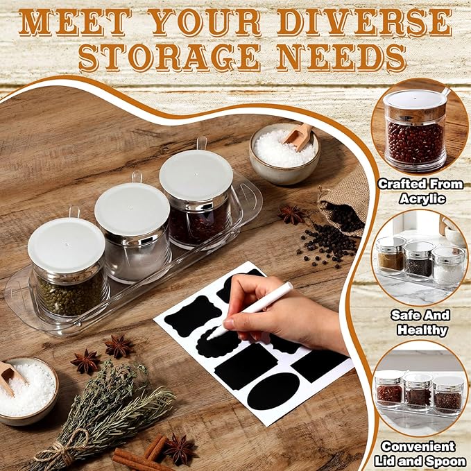 Set of 3 Acrylic Sugar Container with Lid Spoon and Tray 7oz Clear Condiment Coffee Jars Container with Labels Seasoning Salt Box Set for Kitchen Storage Coffee Bar