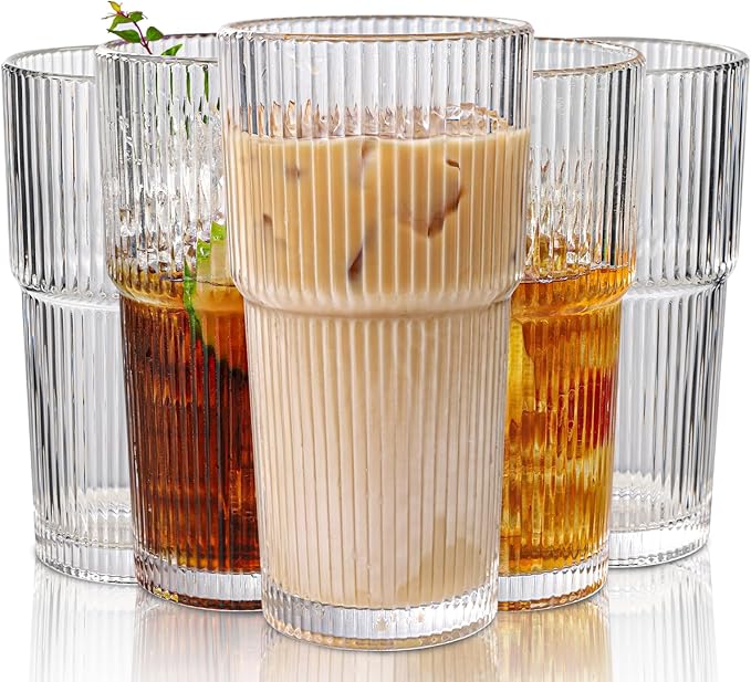 WeirdUncle Set of 6 Oversize Ribbed Glassware, 20oz Vintage Clear Glass Tumbler, Large capacity, Origami Style, Fluted Design, Ideal for Water, Iced Coffee, Beer, Tea, Latte, Housewarming Gift (Large)