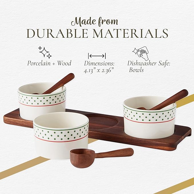Spode Christmas Tree Condiment Set - 7 Piece Holiday Serveware Set - Ceramic Dip Bowls, Spoons, Serving Tray Included - Appetizers, Sauces, and Snacks - Polka Dot, Festive Entertaining