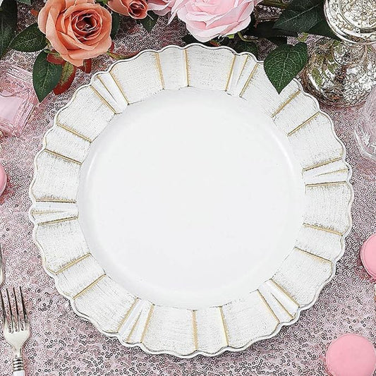 Efavormart 13" Charger Plates - Set of 12 - White Round Acrylic Disposable Charger Plates with Gold-Brushed Wavy Scalloped Rim, Ideal for Wedding Dinner Party Bulk Events Tabletop Decor