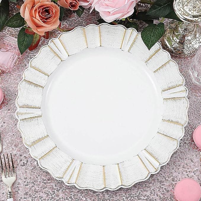 Efavormart 12-Pack Acrylic Plastic Charger Plates 13" Round White with Gold Brushed Wavy Scalloped Rim - Decorative Dinner Party Charger Tableware