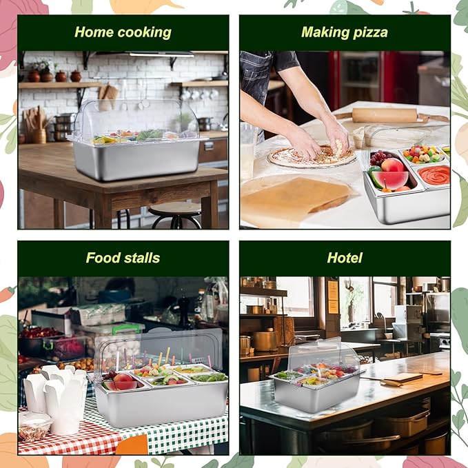 Tessco for you 16 Pcs Ice Food Spice Serving Display Countertop Chilled Condiment Container Set with Lid, Stainless Steel Salad Cold Caddy for Buffet Restaurant Kitchen Party(5 Compartments)