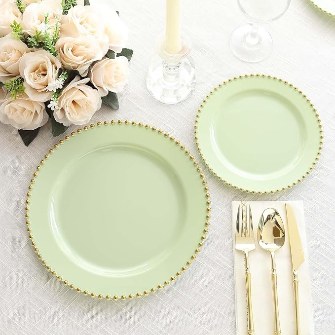 10" Dinner Plates - Set of 30 - Plastic Sage Green/Gold Round Disposable Plate Beaded Rim, Ideal for Decoration Party Wedding Bulk Events