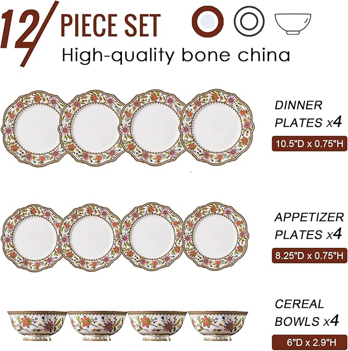 ACMLIFE Bone China Dinnerware Set for 4, 12-Piece Vintage Floral Dinnerware Set, Kitchen Plates and Bowls Set, China Plates Set, Christmas Gifts for Women, Thanksgiving Dinnerware Sets(Pink)