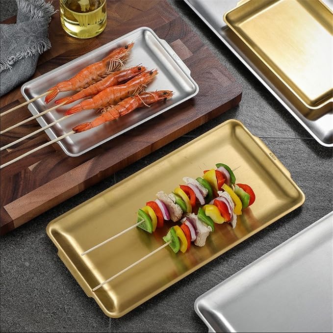 Stainless Steel Rectangle Serving Tray, BBQ Sushi Flat Dish Bread Pastry Baking Pan for Home Parties Living Room Restaurant Table,Gold,22 * 14cm