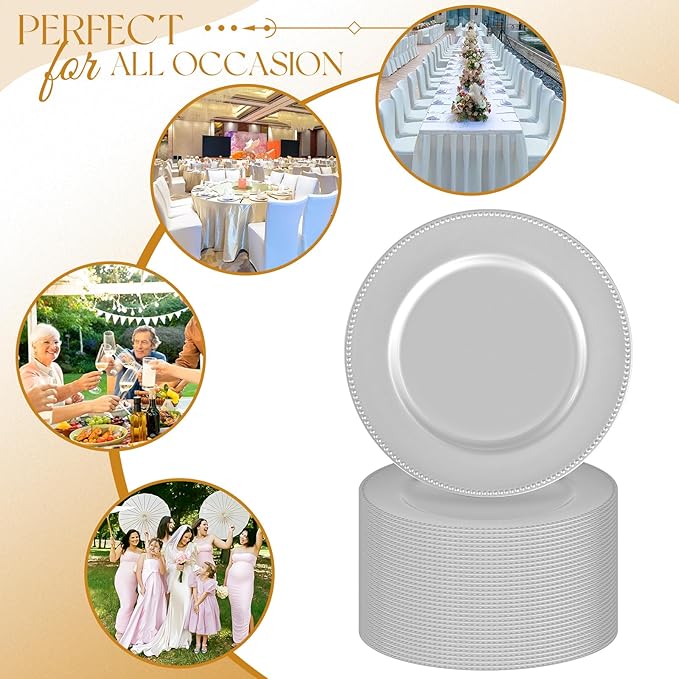 fani 100 Pcs Silver Charger Plates Bulk, 13'' Round Beaded Dinner Charger Plates, Plastic Reusable Vintage Table Decoration for Wedding, Party, Reception, Event, Holiday Supplies