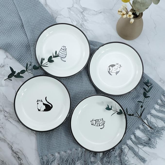 SOCOSY Cute Cartoon Gentleman and Dot Cat Ceramic Seasoning Dishes Sauce Dish Sushi Dipping Bowl Appetizer Plates Tea Bag Holder Serving Dish for Kitchen 5 Inch, Set of 4