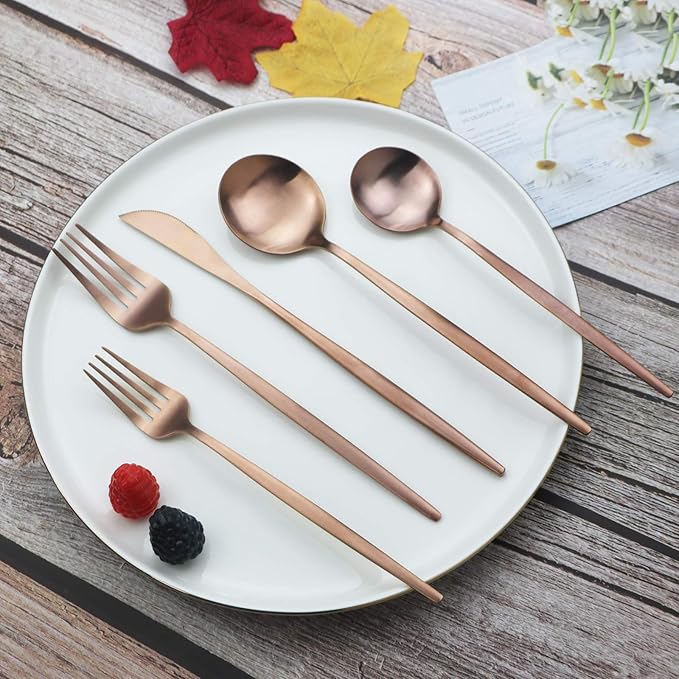 Copper Silverware Set JASHII 40-Piece Flatware Set 304 Stainless Steel Flat Cutlery Set for 8 Matte Kitchen Forks Knife Spoons Set, Satin Finish Tableware Set for Home and Restaurant, Dishwasher Safe