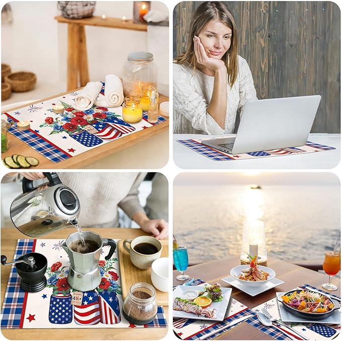 comfoyar Buffalo Plaid Patriotic Placemats Set of 4, 12x18 Inch Non-Slip Linen 4th of July Place Mats, Washable Absorbent Independence Day Flower Table Mats for Kitchen Dining Party Table Decoration