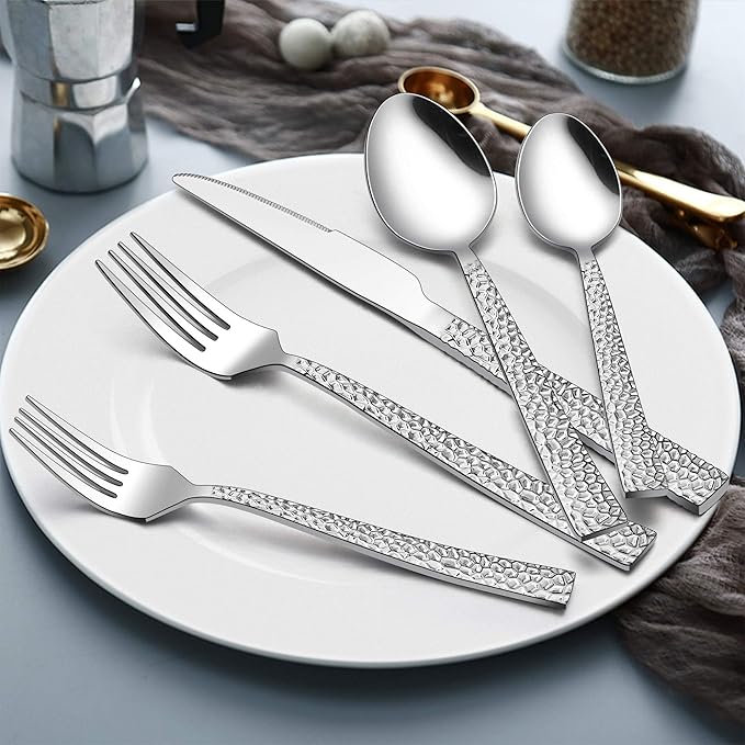 LIANYU 24-Piece Hammered Silverware Set with Extra Salad Forks, Stainless Steel Square Flatware Cutlery Set for 4, Fancy Eating Utensils Tableware, Dishwasher Safe