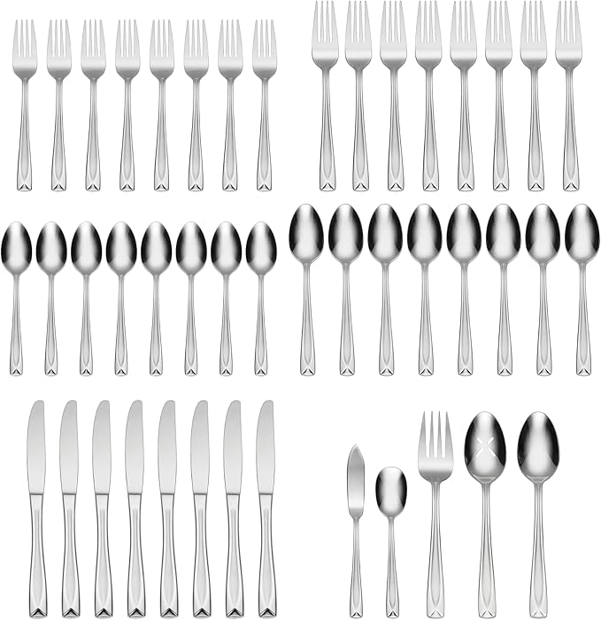 Oneida Silverware Set, Satin Lincoln 45-Piece Everyday Flatware Set, Service For 8, 18/0 Stainless Steel, Satin Finish, Knives Spoons And Forks Set, Dishwasher Safe, Home and Kitchen(Silver, 45 Piece)