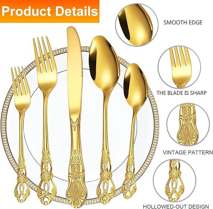 Vilihkc Gorgeous Retro Royal Stainless Steel 5 Pieces Flatware Set, Silverware Set, Anti-rust Stainless Steel Cutlery Set Utensils Including Fork Spoon and Knife