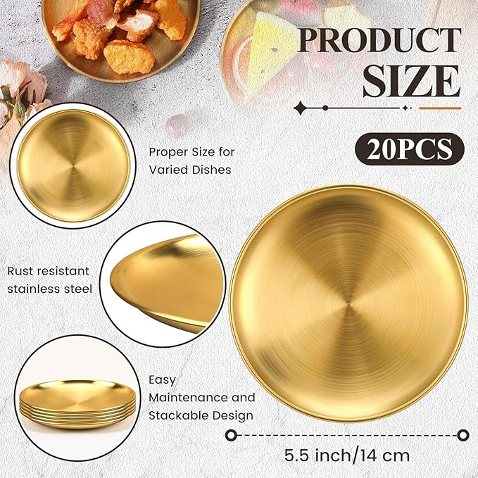 Nuogo 20 Pieces Stainless Steel Gold Plates 5.5 Inch Gold Dinner Plates Metal Serving Tray Dessert Dishes for Bbq, Salad, Snack, Desserts, Food Serving, Outdoor Camping