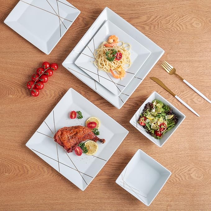 DOMINI 12-Piece Kitchen Dinnerware Set, Service for 4, Porcelain Dishes Dinner Set, Square Dinnerware Sets with Dinner Plates, Dessert Plates and Pasta Bowls,White gold line