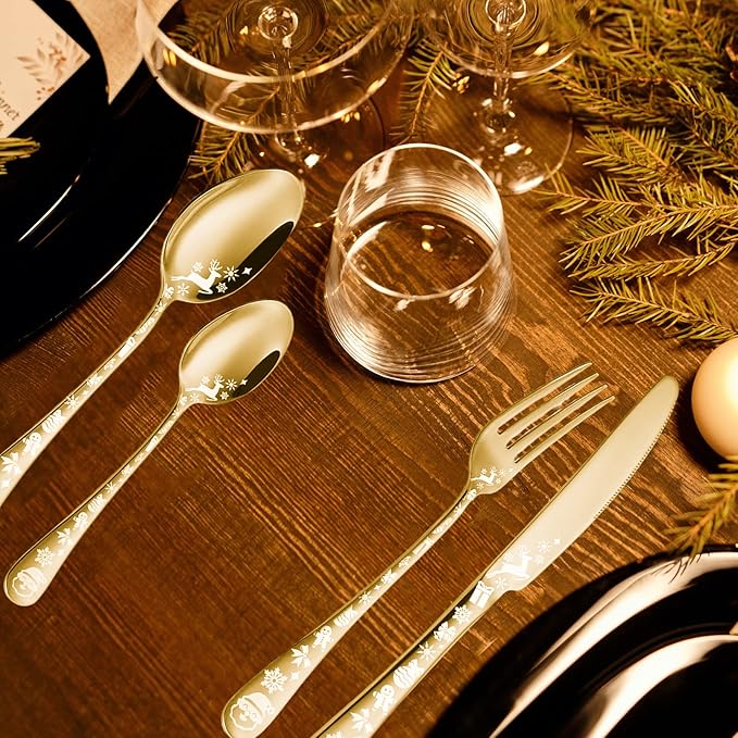 Vilihkc Christmas Style Silverware Set, 20 Piece Stainless Steel Flatware, Kitchen Utensil Service for 4, Tableware Cutlery for Home and Restaurant, Dishwasher Safe