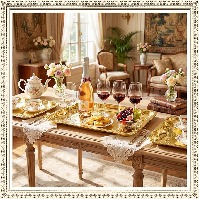 4 Pack Gold Serving Trays Set for Party, Butterfly Floral Gold Platter Engraved Mirror Tray, 15.8 x 11.6 Inches Elegant Metal Plate for Christmas Food Appetizer Cookies Desserts