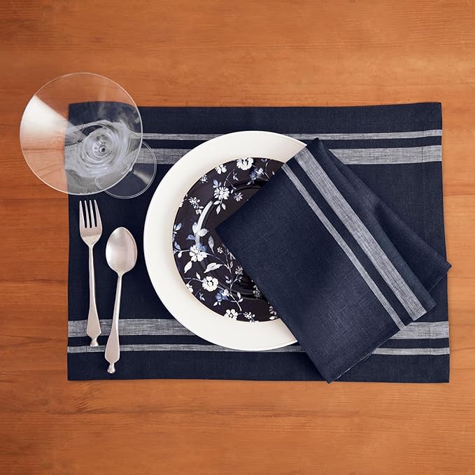 Solino Home Linen French Stripe Placemats Set of 4-14 x 19 Inch Placemats White and Navy - 100% Pure Linen Table Mats for Christmas, New Year
