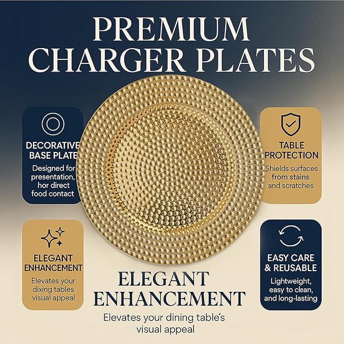 JEVERGN 40 Pack Gold Charger Plates Bulk, 13" Hammered Chargers for Dinner Plates, Gold Plate Chargers Set of 40, Round Plastic Charger for Wedding, Party Event, Dinner, Table Setting