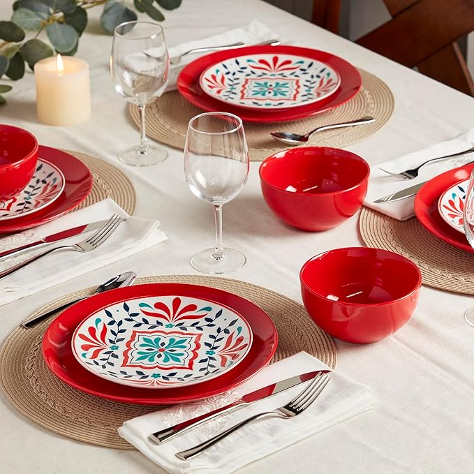 Tabletops Gallery 12-Piece Camila Patterned Ceramic Dinnerware Set of Kitchen Dishes, Dinner Plates, Cereal Bowls, Service for 4, Red