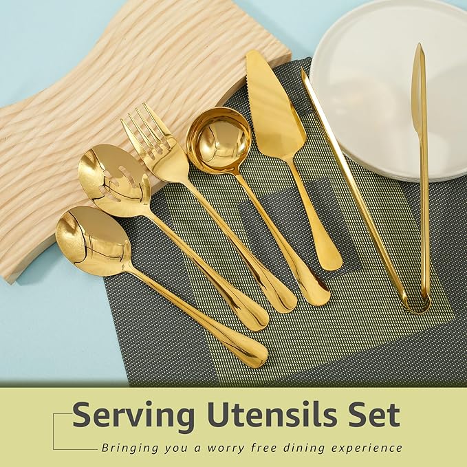 10Pcs Serving Utensils Set Stainless Steel Metal Serving Utensils Metal Serveware Serving Set with Serving Spoons Forks Tongs Slotted Spoon Ladle Pie Server for Buffet Parties (Gold)