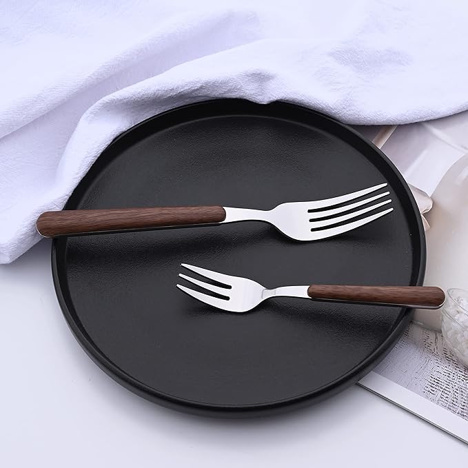 Brown Silver Silverware Set, 16 Pieces Stainless Steel Flatware Cutlery Set with Faux Wooden Handle, 4 x Dinner Knife, 4 x Dinner Fork, 4 x Tablespoon, 4 x Fruit Fork, Mirror Polished