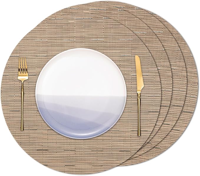 Round Placemats Set of 4 Heat Resistant Vinyl Placemats 15 inch Washable Non-Slip Table Mats Woven Place Mats for Dining Table (Light Brown, Set of 4)