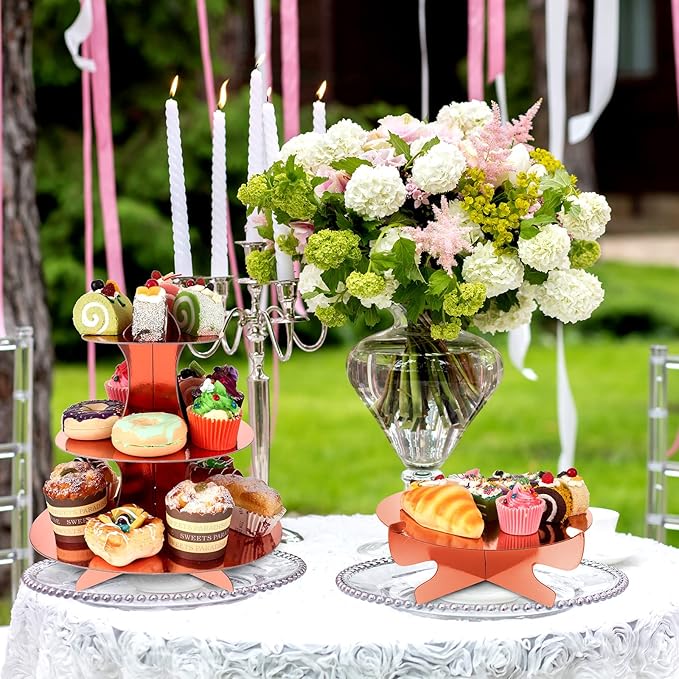 Zopeal 7 Pcs Dessert Table Display Set 3-Tier Cupcake Stand 1-Tier Cup Cake Display Tower Platters and Serving Trays Cardboard Cake Cookie Holders for Wedding Birthday Party Baby Shower(Rose Gold)