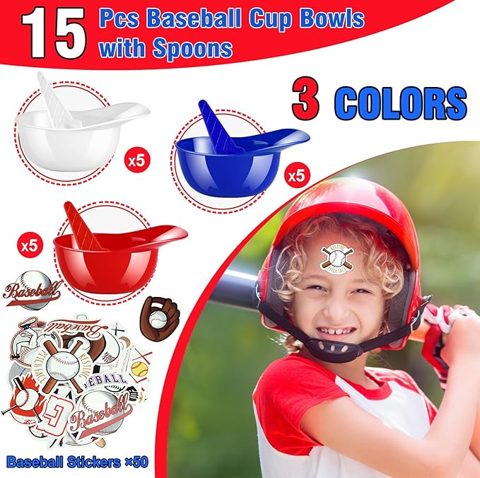 MEEZY 30 Set Baseball Helmet Ice Cream Bowls with 15 Mini Dessert Cups and 15 Spoons, 8oz Reusable Baseball Cap Snack Dessert Cup Bowls Baseball Party Favors for Kids Sports Birthday Party Supplies