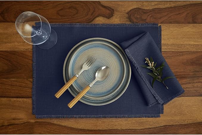 Solino Home Navy Blue Linen Napkins Set of 4-100% Pure Linen Cloth Washable Dinner Napkins 20 x 20 Inch for Christmas, Holiday, Winter, New Year - Fringe