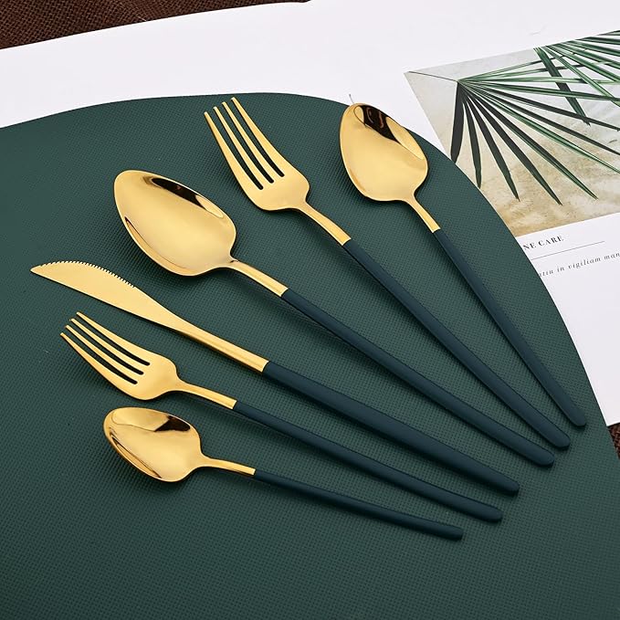36pcs Silverware Set, 18/10 Stainless Steel Serving Flatware With Curved Handle For 6, Durable Eating Utensils For Home Entertaining, Mirror Polished (Green Gold)