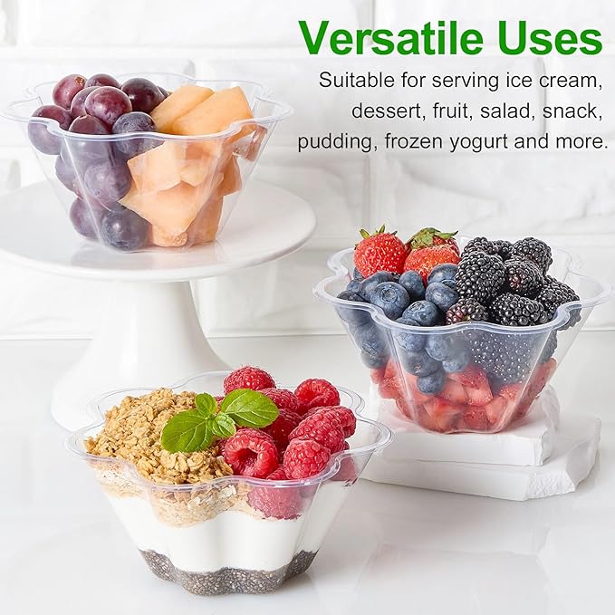 TOFLEN 17 Oz Clear Plastic Bowls for Parties, 100 Pack Flower Shaped Disposable Hard Plastic Party Bowls for Dessert, Ice Cream, Parfait, Fruit, Salad, Snack and More Cold Food
