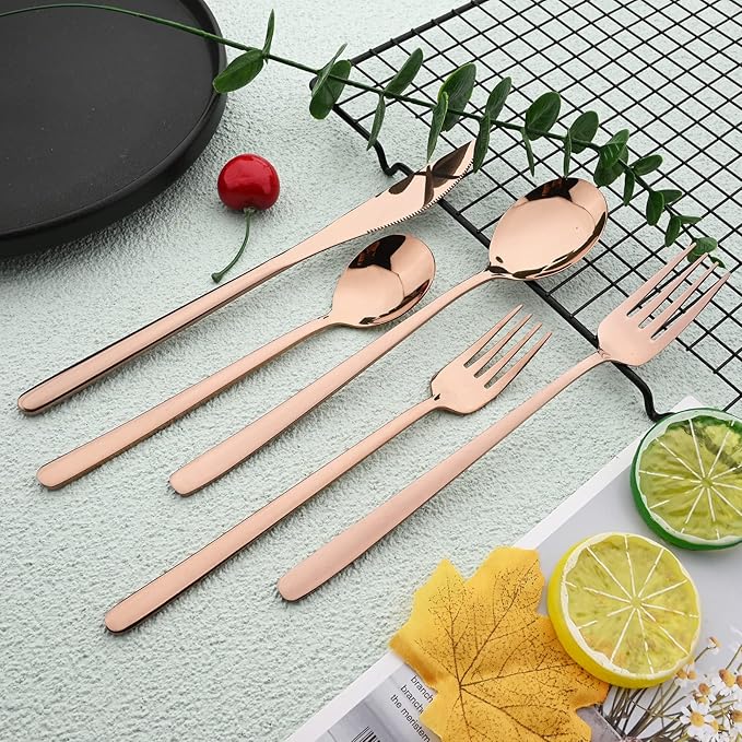 Knives and Forks Set Flatware Set Korean Silverware SUS304 Stainless Steel Kitchen Dinnerware Portable Utensils for Home, Camping Restaurant Christmas Gift - Rose Gold