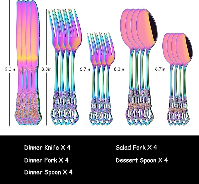 Rainbow Flatware Set For 4, 20 Pieces 18/0 Stainless Steel Silverware Set, Cutlery Utensils Set Include Knives/Forks/Spoons, Antique Baroque Style & Luxury Mirror Polished