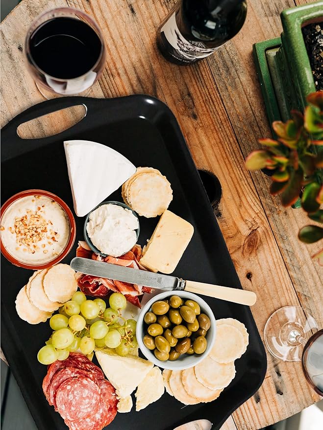 KAQAHIDO Large Melamine Serving Trays for Eating, 17.5’’ x 12’’ Serve Platter for Appetizer, Charcuterie, Food, Snack, Cupcakes, Dessert, BPA-Free, Dishwasher Safe Tray, Set of 2, Black