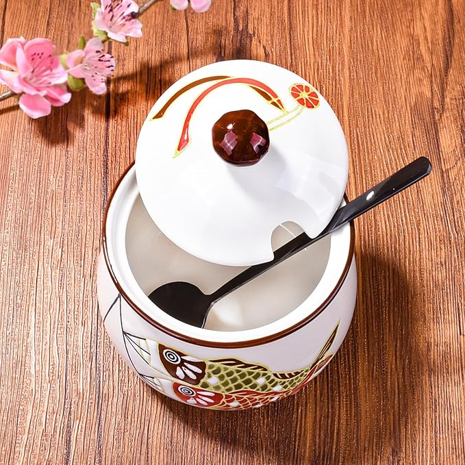 Ceramic Sugar Bowls with Spoon and Lid Porcelain Salt Container with Black Stainless Steel Spoon