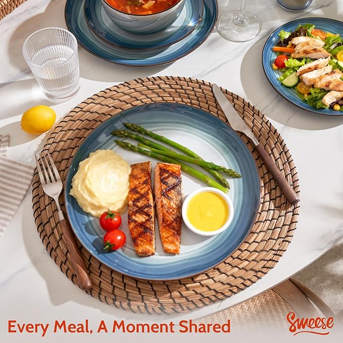 Sweese Porcelain Dinnerware Sets for 6, 18 Pieces Ceramic Plates and Bowls Sets, Handcrafted Minimalist Dinner Set, Chip and Scratch Resistant Dish Set, Dishwasher & Microwave Safe, Ocean Blue