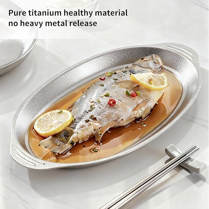 ZING TII 3 Pcs Pure Titanium Serving Tray Large Oval Platter Set, Silver Sizzle Plate for Fish Dessert Meat Sushi Birthday Wedding